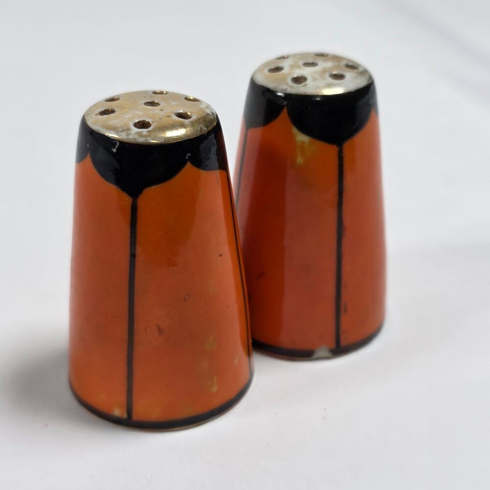 Vintage Salt Pepper Shakers Japan Orange Black Ceramic Mid Century No Corks